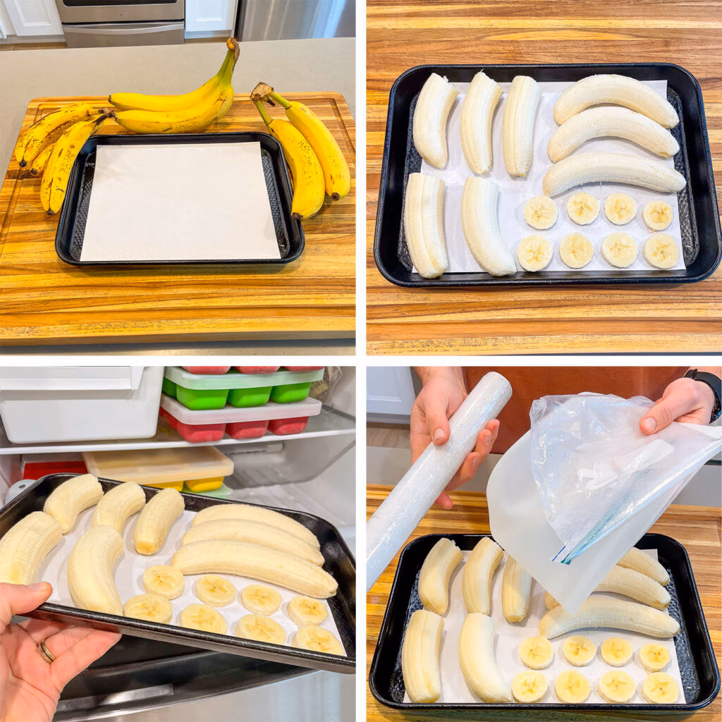 Series of four images showing how to freeze bananas using a baking sheet, peeled bananas, and plastic bags