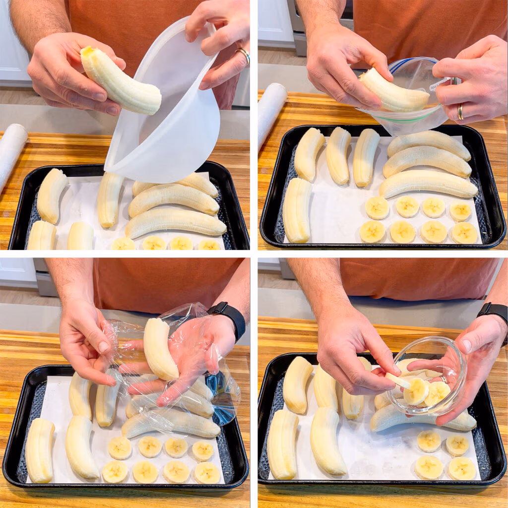 Four different images of putting frozen bananas into different plastic bags and containers
