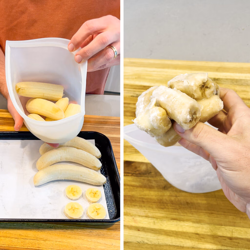 Multiple frozen bananas are placed into a single bag, and a chunk of frozen bananas is stuck together.