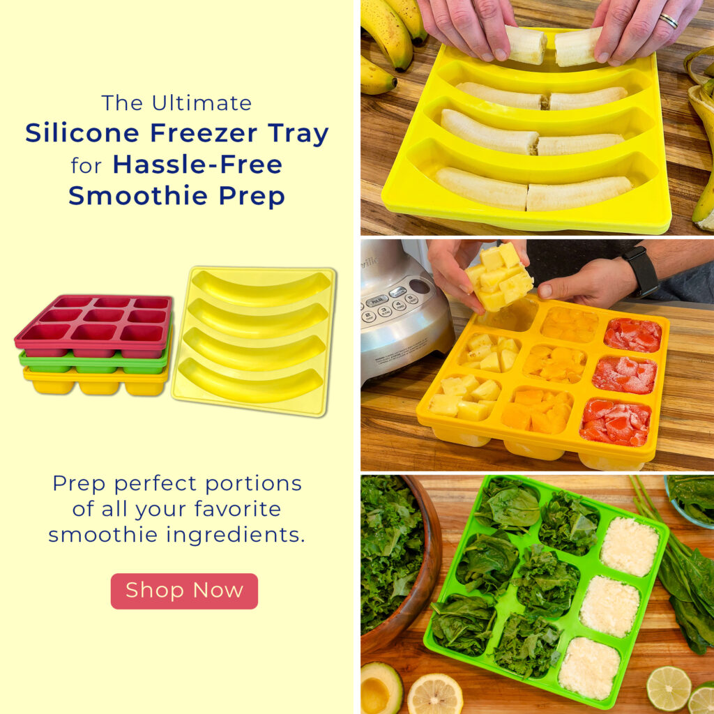 Image prompting viewers to explore the range of silicone freezer trays for hassle-free smoothie prep