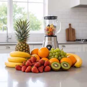 Fruit on the counter with blender