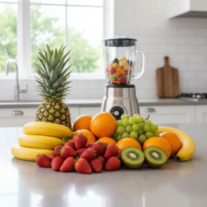 Fruit on the counter with blender
