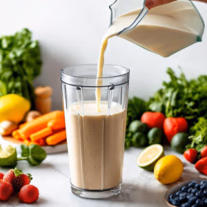 A prepared smoothie being poured into a glass on the counter surrounded by fresh ingredients.