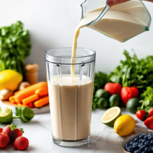 A prepared smoothie being poured into a glass on the counter surrounded by fresh ingredients.