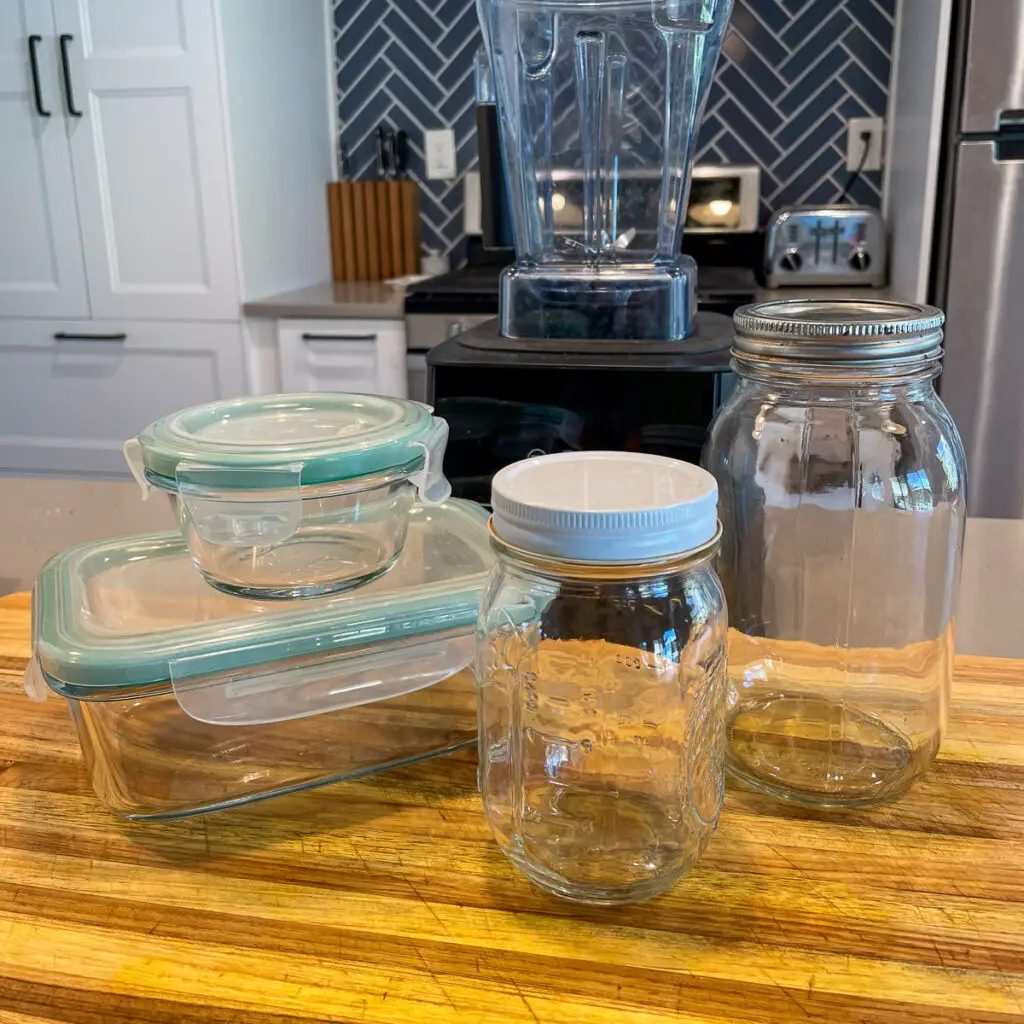 Glass jars and containers of different sizes.