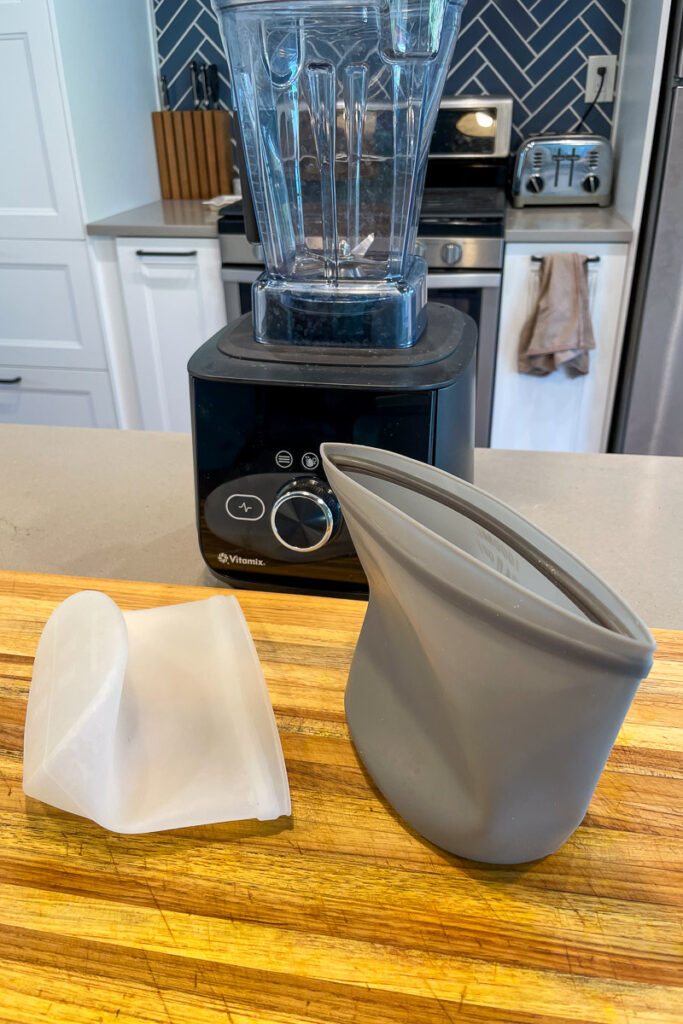 Freezer safe silicone bags used for prepping smoothies.