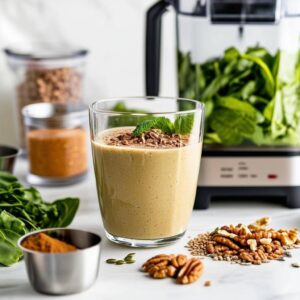 Image of a smoothie on the counter next to a blender surrounded by fresh ingredients