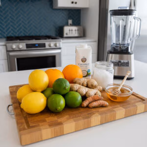 Fresh ingredients like lemons, ginger, and honey on the counter for making the Smootheeze Immunity Shot