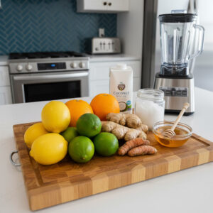 Fresh ingredients like lemons, ginger, and honey on the counter for making the Smootheeze Immunity Shot
