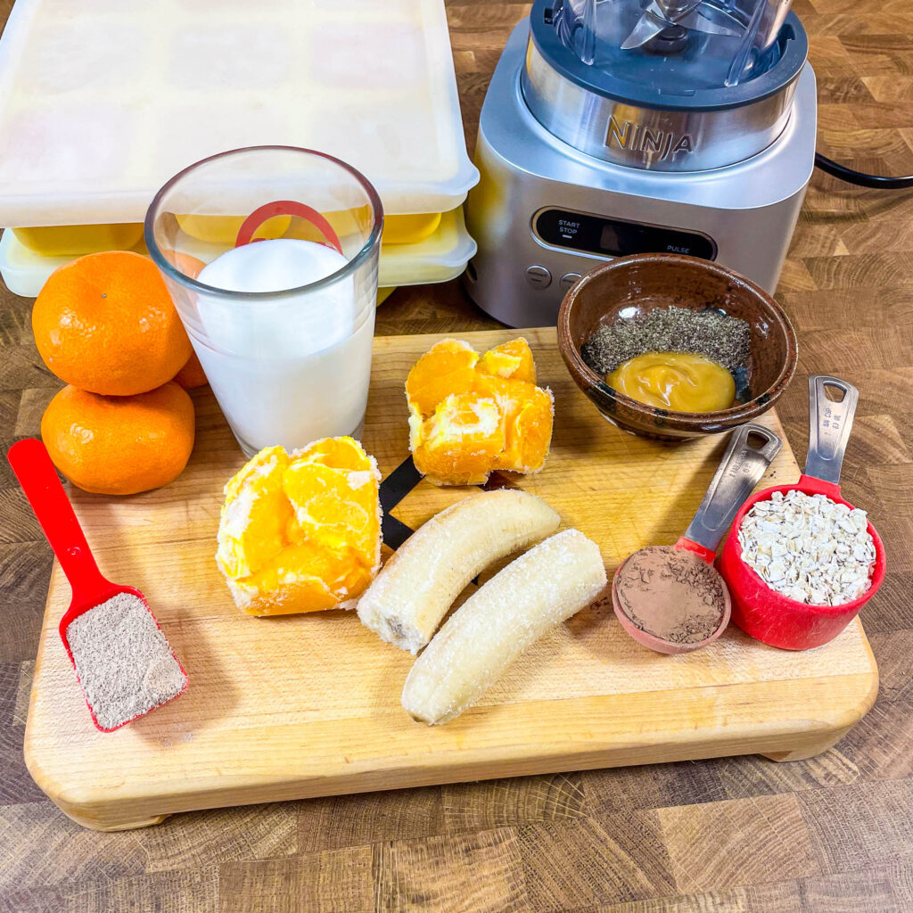 Ingredients needed to make the chocolate orange smoothie recipe